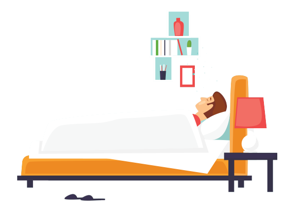 illustration of cartoon man sleeping on bed